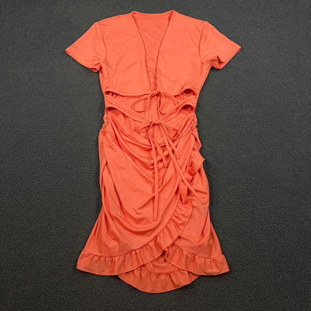 Effordram Mini Dress Women Size M Orange Cutout Ruched Ruffle Tie Front
